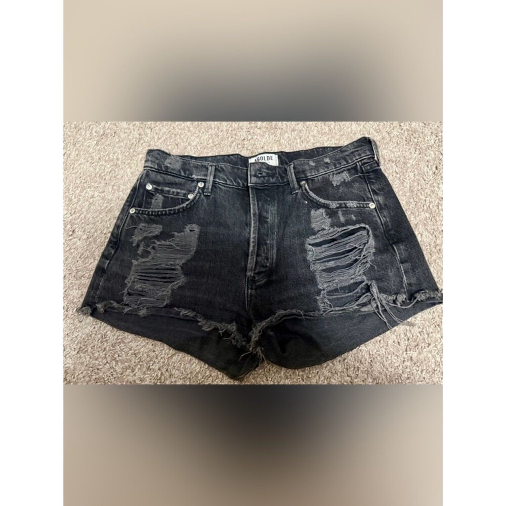Agolde Black High Rise Distressed Denim Shorts size 28 Raw Hem Premium Women’s